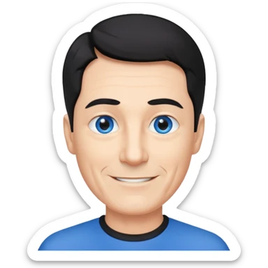 homme 60 ans menton pointu, yeux bleus cheveux noir courts sourir sticker