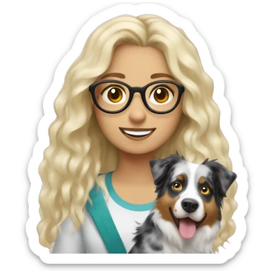 Blonde girl with glasses with a Merle Australian shepherd sticker