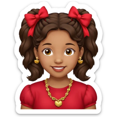 Brownskin girl dark brown hair fluffy. pigtails with red bows brown eyes smiling closed mouth red shirt gold esrrings gold necklace sticker