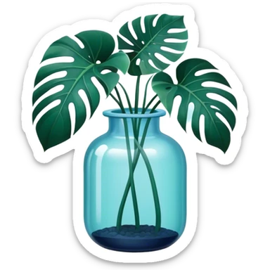 Aesthetic monstera flower in deep bottle green color in a beautiful blue pot sticker