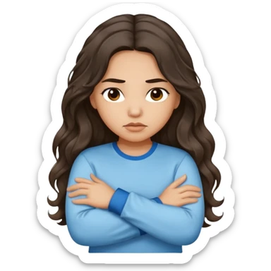 Hispanic light tan girl with long dark wavy hair pouting and arms crossed. Wearing a long sleeve. Hair with middle part. sticker