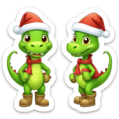 happy little green cartoon dragon of child, in winter, in work pants, in work clothes, in winter boots, in a Santa Claus hat, New Year, with presents sticker