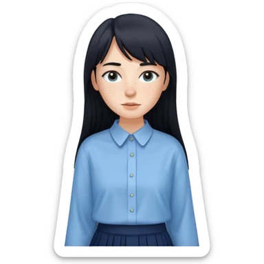 hair : black long hair with fringe 
skin : light with freckelt
cloth : oversize light blue shirt + navy long long skirt 
 sticker