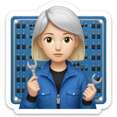 Calm and independent female engineer, fair skin, short straight blonde hair tucked behind the ears, neutral but focused expression, wearing a fitted blue utility jacket over a black crew-neck top, holding a small wrench in one hand and a circuit board in the other, waist-up, front-facing sticker