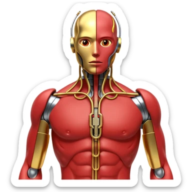3D render of Neural Link, futuristic cyborg aesthetic, fusion of organic skin and chrome metal, gold brass valves mixed with red muscle tissue, exposed wiring, emoji style, isolated on white background --v 6.0. sticker