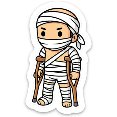Add crutches and show more bandages on the injured man in the style of cartoonish stickers. Keep the sticker style with no background. sticker