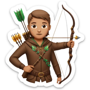 The classic hunter figure with a bow and arrow on his back, dressed in brown clothes and adorned with animal decorations sticker