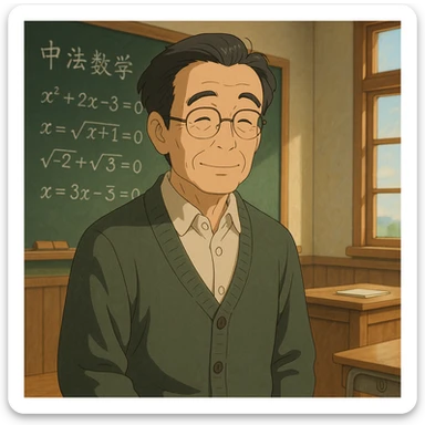 ghibli style Chinese math teacher with gentle expression in a classroom background sticker