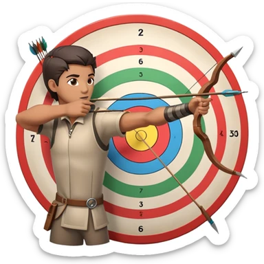 An archer drawing a bow and aiming an arrow at a target, with perfect focus and precision. The target is visible in the background, featuring concentric rings. The scene captures the concentration and skill involved in archery, emphasizing the elegance and accuracy of the sport. sticker