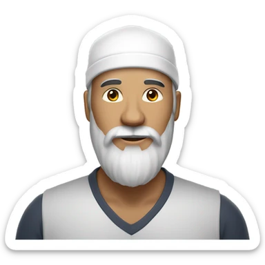 Man in his 40s with white cap hat, with long beard, the middle of the beard is white sticker