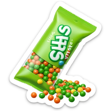 Ultra minimalist Skittles package with all green candy pieces spilling out sticker