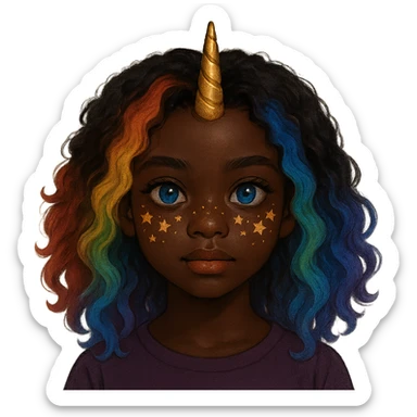 a dark-skinned girl with rainbow hair, blue eyes, a golden unicorn horn, and freckles shaped like stars sticker