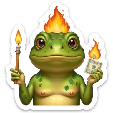 bufo frog setting money on fire sticker