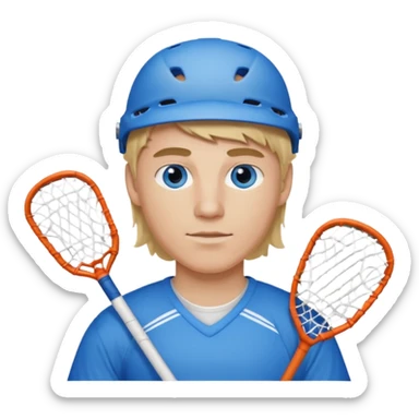 Blonde white with blue eyes lacrosse guy holding one lacrosse stick wearing blue and white gear  sticker