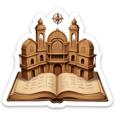 Ancient book with pages open wide displaying multiple theatrical set sketches, perspective drawings of stage designs, backdrop illustrations with Puerto Rican symbols integrated, wooden cover edges sticker