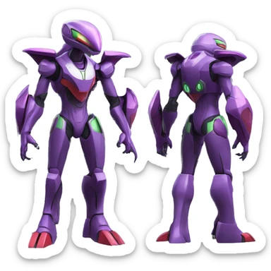 a shiny purple-green-red Genesect-Raptor-Fakémon—hybrid with a futuristic visor-helmet full body sticker