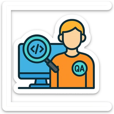 QA engineer at a computer with magnifying glass inspecting code sticker