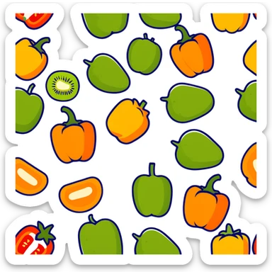 Various vitamin C rich foods: orange, kiwi, strawberry, bell pepper sticker