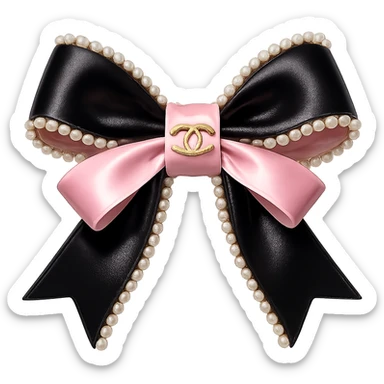 heart only the elegant bow with pearls and gold Chanel logo, glossy, pastel colors, realistic style, with no background. black pink,  sticker