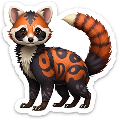 A beaked beaky 4-legged, feral, digitigrade, lanky, elegant, Colorful exotic tropical tribal cute happy realistic esoteric patterned fluffy furry dark civet-cacomistle-genet-red-panda-oncilla-Fakémon-fursona-hybrid-fusion-animal-creature, full body, 4-legged sticker