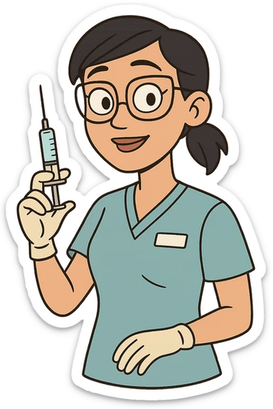 a modern day asian woman nurse holding a vaccination needle sticker