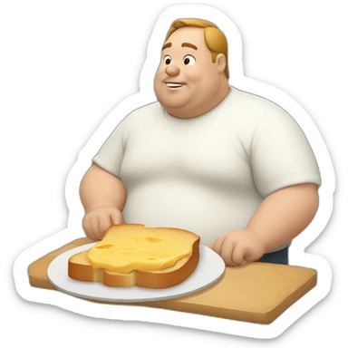 a fat man eating a slice of bread with a white sauce sticker