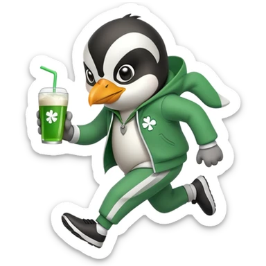 full body friendly anthropomorphised penguin wearing green mafia-style tracksuit, angry, running determined sprint, shamrock accessory, no drink sticker