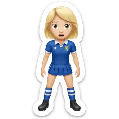 chica rubia con cara de miedo vestida con equipación de rugby con unas botas inflables sticker