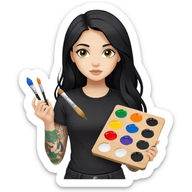 A girl with long black hair and hazel eyes and black tattoos on right arm holding a paint palette  wearing black shirt sticker