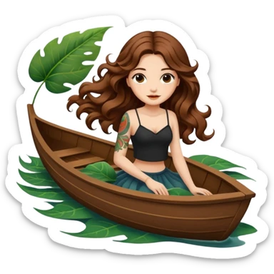 cute woman long wavy brown hair tattoos floating on leaf boat sticker