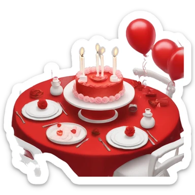 Red romantic party setting for two people and heart balloon  table with white cloth and candle with bows on the table and white Korean cake with black bows  sticker