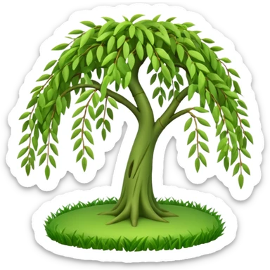 A 3D cartoon willow tree with drooping green branches over soft grass, natural sunlight, Memoji-style rendering. sticker