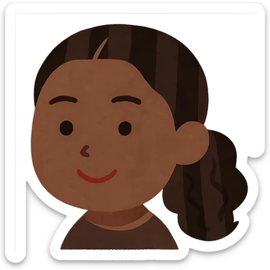 Edit the image to make the skin color moderately darker than the original, but not too dark. Keep the Irasutoya style with soft colors, a round face, simple features, and a friendly expression. Ensure there is no neck visible and maintain a transparent background. sticker