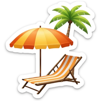 Vibrant Icon for Beach Tourism: a sunny beach with the sea, a lounge chair, a sun umbrella, and flip-flops. The icon should capture the essence of a relaxing beach vacation with a carefree atmosphere. Transparent background. sticker