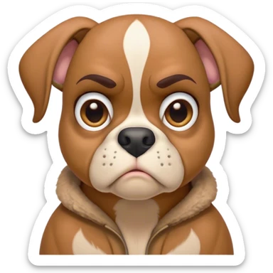 Cinematic Grumpy Fawn Boxer Portrait Emoji, Head tilted slightly with a deeply unimpressed expression, showcasing a robust fawn coat with a prominent white muzzle and chest, large, droopy brown eyes narrowed into an unamused glare, ears slightly drooping in exasperation, Simplified yet comically expressive features, highly detailed, glowing with a dry, sarcastic glow, high shine, effortlessly judgmental yet dignified, stylized with a touch of cynicism, bright but brooding, soft glowing outline, capturing the essence of an eternally unimpressed yet endearing guardian, so lifelike it feels like it could sigh heavily at you in disdain at any moment! sticker