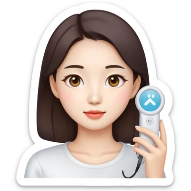cute Korean woman using beauty device, simple expression, emoji style sticker