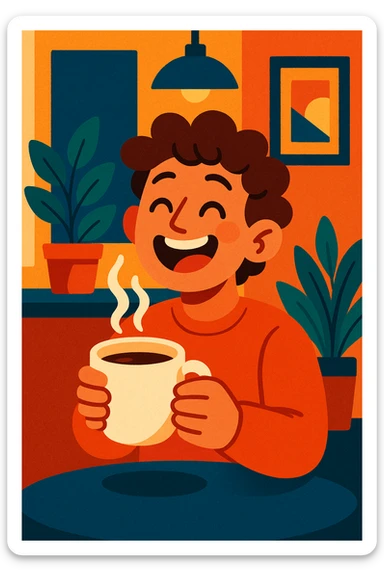 a person joyfully holding a steaming cup of coffee, expressive face, cozy atmosphere, modern illustration style sticker