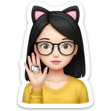 Nails cute hello kitty wear glasses black long  hair wear yello shirt sticker