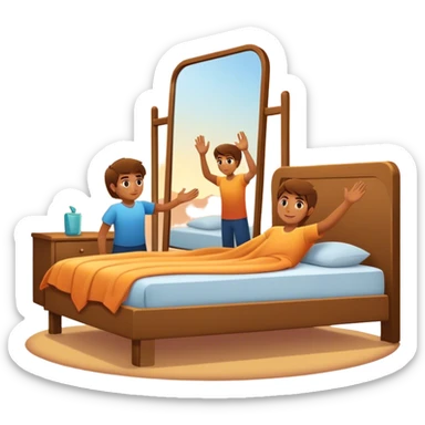 A person stands beside their bed, rolling out groggily with determination. The bed behind them is neatly made, a mirror in front of them shows them high-fiving their reflection. A glowing sunrise outside signals the start of a productive day. sticker