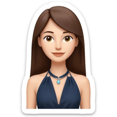 emoji-style illustration of a stylish pretty happpy woman with long straight brown hair, wearing a dark halter neck dress, elegant and minimalistic look, front-facing, soft 3D cartoon rendering, plain background sticker