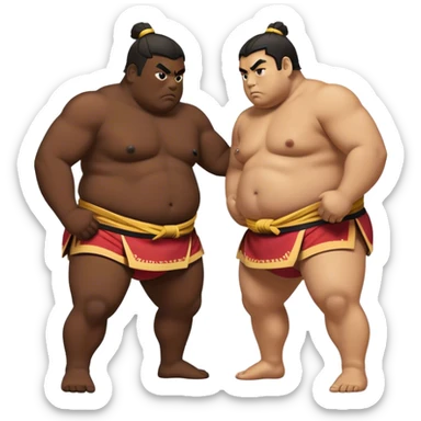 Cinematic Realistic Sumo Wrestling Emoji, depicted as an intense sumo match featuring powerful wrestlers in traditional mawashi, rendered with rich textures and dynamic dramatic lighting that captures the raw intensity of the sport. sticker