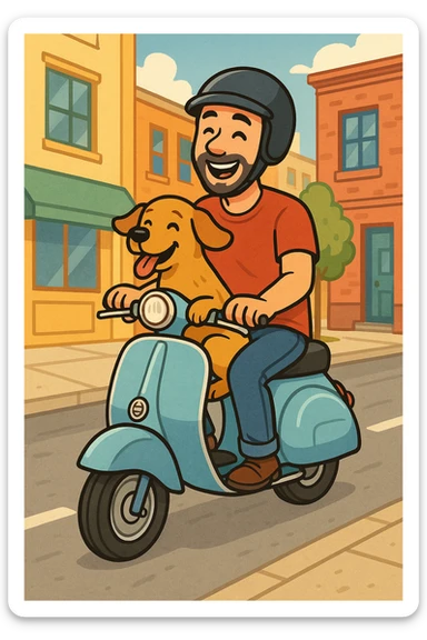 man and his pet dog riding a vespa sticker
