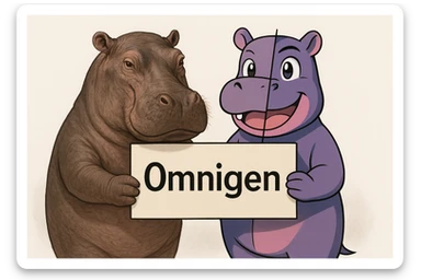 two hippo holding sign of omnigen, half picture 1 hippo is realistic another half is the anime of that same second hippo sticker