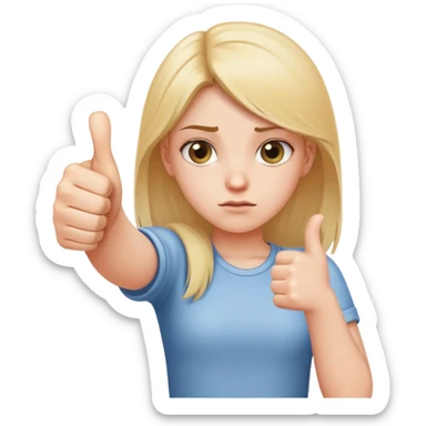 Girl with right hand strictly making thumbs up sign and left hand strictly making thumbs down sign, confused expression, both thumbs clearly visible sticker