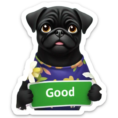 Black pug , surrounded by flowers, holding a green sign that says “good luck”  sticker