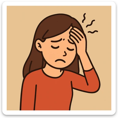 flat toon style sad girl with headache, hand on head, simple background sticker