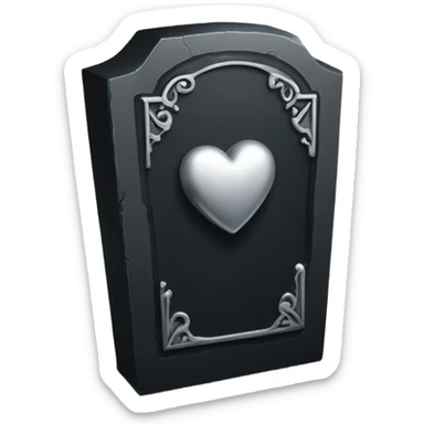 a black tombstone in silver RIP and a silver heart sticker