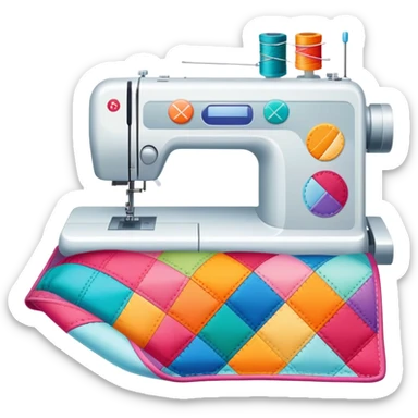 Patchwork and quilting icon, colorful fabric patches sewn together in a quilt pattern, sewing needle and thread, quilting tools like rotary cutter and quilting hoop, minimalistic style, clean lines, transparent background. sticker