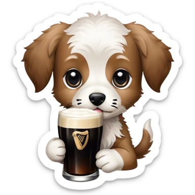 Puppy. Jackapoo. White face. Black pointy floppy ears. Black circles around eyes. Holding a Guinness.  sticker