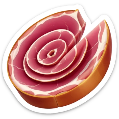 cured ham slices thin folded two to three, deep pink to reddish, marbled with white fat, smooth, slightly translucent, soft curls at edges, tender air-dried, apple emoji style, soft lighting, emoji scale sticker